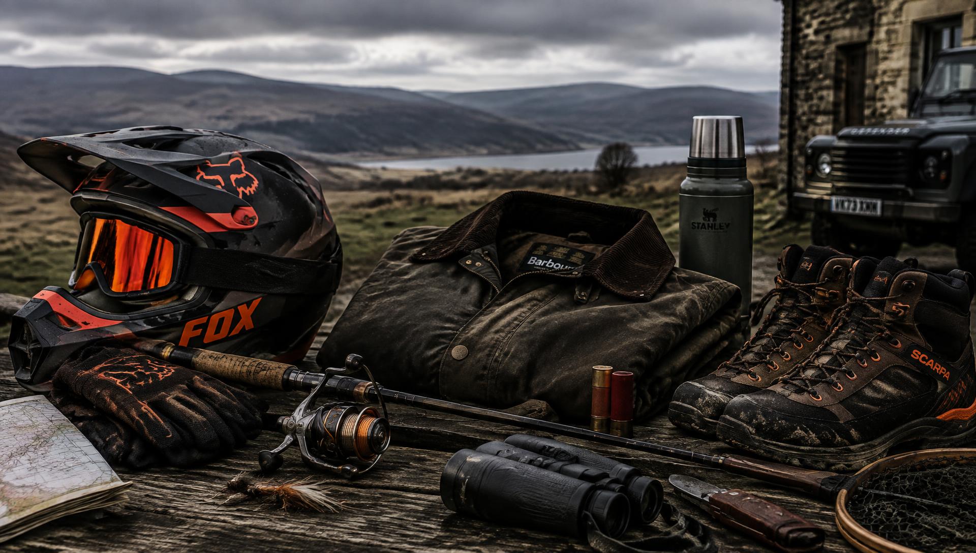 Motocross helmet, fishing reel, waxed jacket and walking boots laid out on a wooden bench